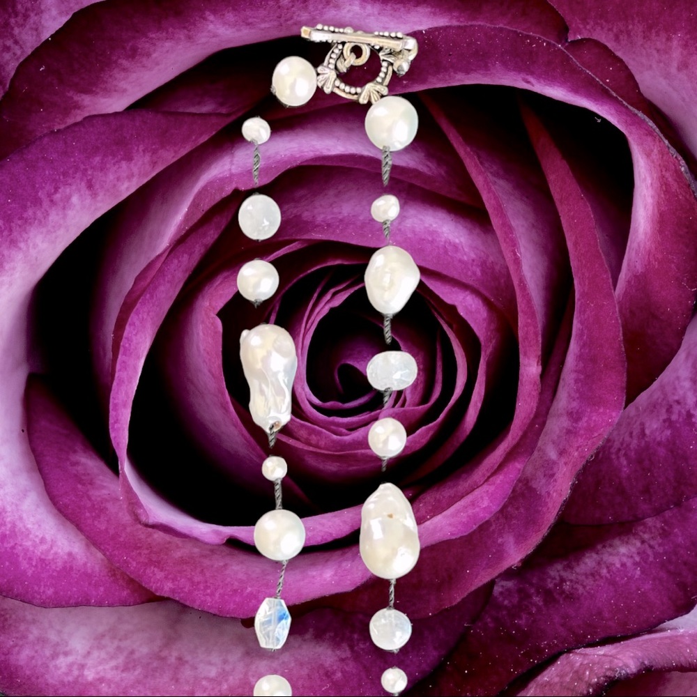 Contemporary designer necklace~baroque pearls~rainbow moonstone~sterling silver